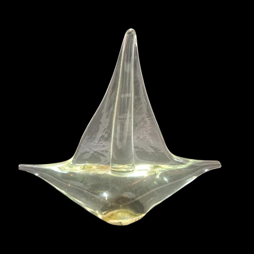 Vintage Green Glow Sailboat Paperweight Art Glass MCM